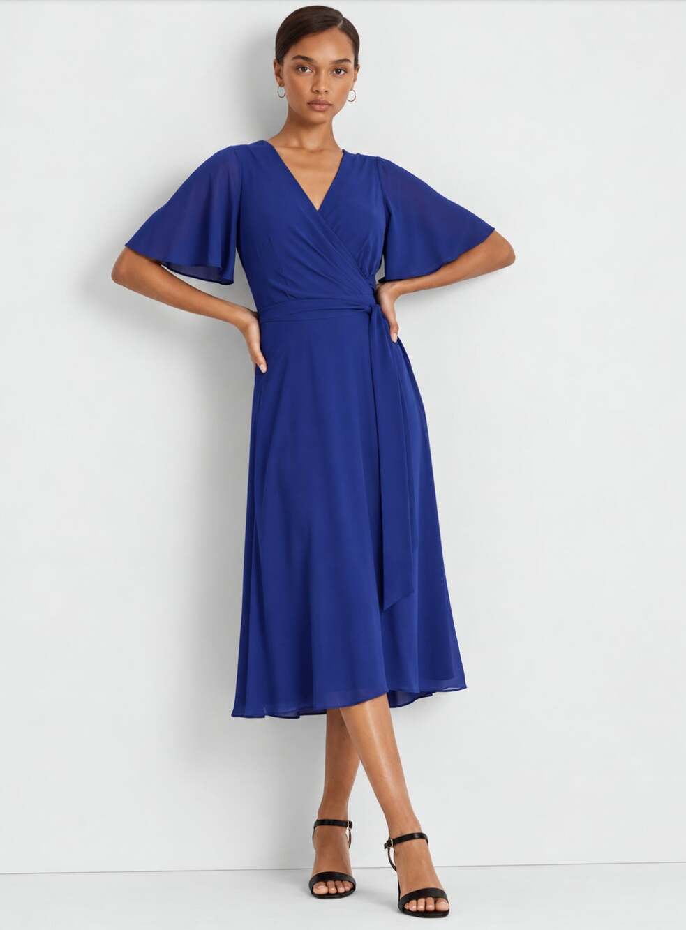 LAUREN RALPH LAUREN Women's Belted Georgette Dress Size 10 Blue Short Sleeve NWT